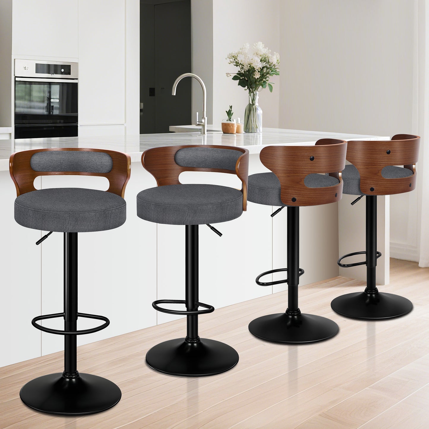 ALFORDSON 4x Bar Stool Kitchen Swivel Chair Wooden Linen Fabric Ramiro Grey