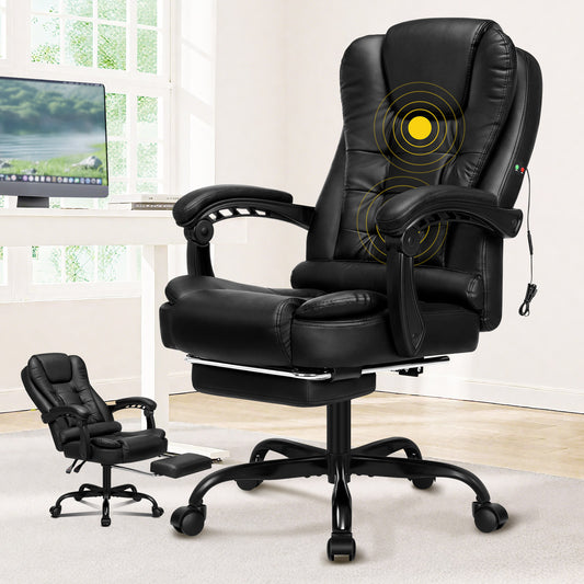 ELFORDSON Massage Office Chair with Footrest Executive Gaming Seat Leather Black