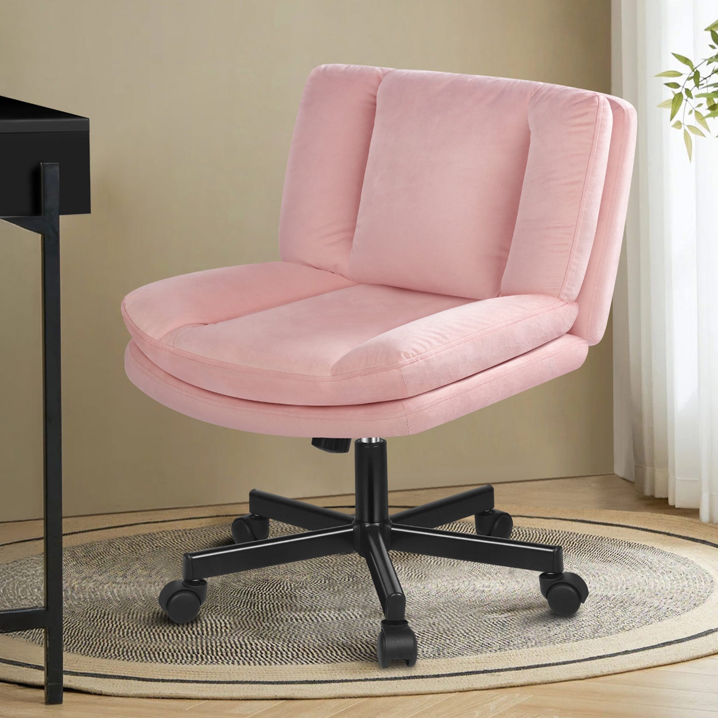 ELFORDSON Armless Office Desk Chair Mid Back Wide Seat Velvet Pink