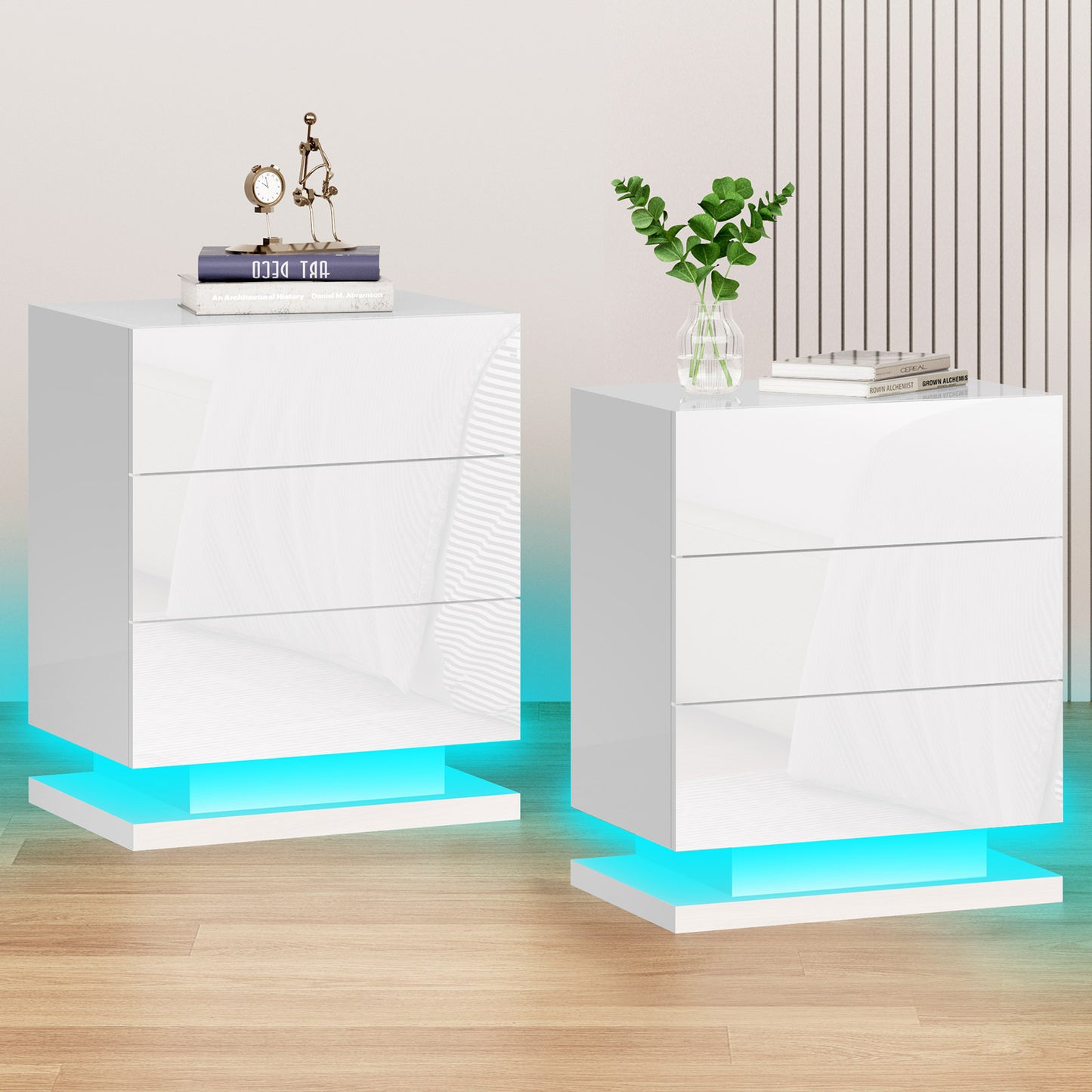 ELFORDSON Bedside Table 3 Drawer LED Nightstand Storage Cabinet High Gloss White