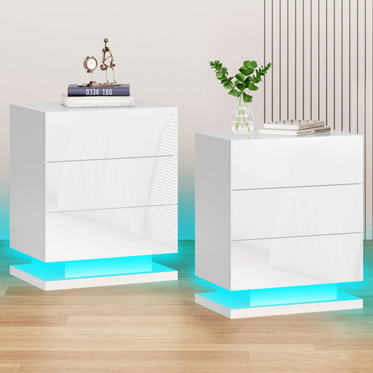 ELFORDSON Bedside Table 3 Drawer LED Nightstand Storage Cabinet High Gloss White