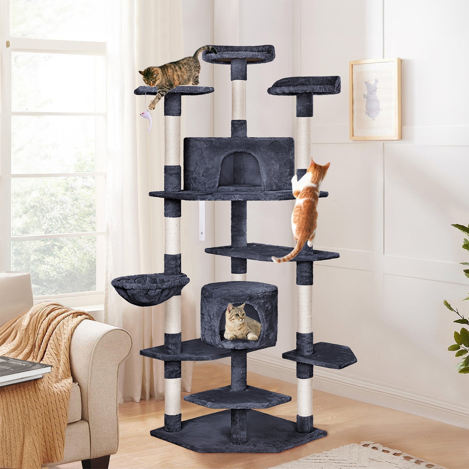 Tree Scatching Cat Tree Scratching Post with Anti-tip Kit - Grey 202cm β Elfordson
