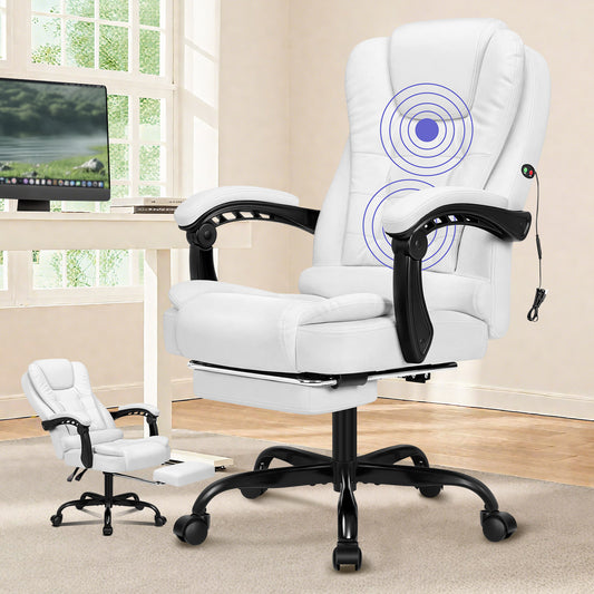 ELFORDSON Massage Office Chair with Footrest Executive Gaming Seat Leather White