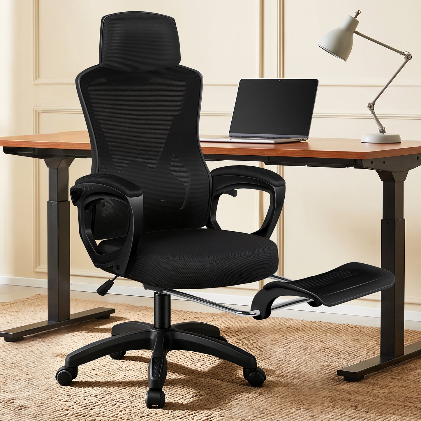 ELFORDSON Mesh Office Chair Racing Executive Fabric Seat Recliner All Black