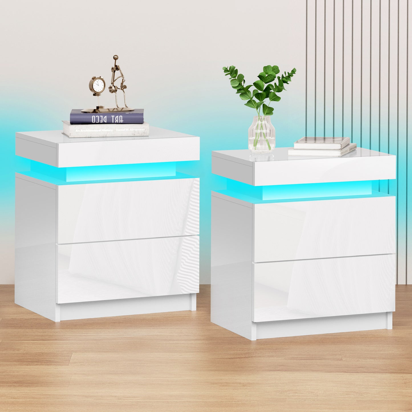 ELFORDSON Bedside Table 2 Drawer LED Storage Cabinet Chest High Gloss Nightstand