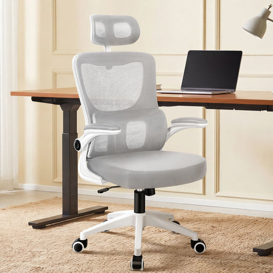 ELFORDSON Mesh Office Chair Executive Computer Fabric Tilt Grey and White