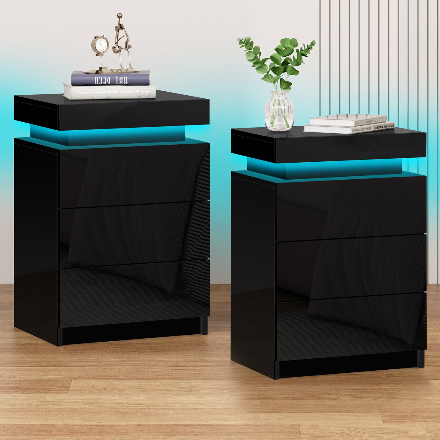 ELFORDSON Bedside Table 3 Drawer LED Storage Cabinet Chest High Gloss Nightstand
