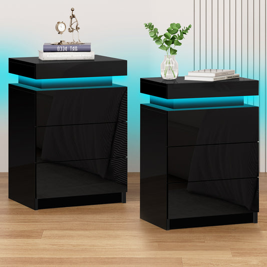 ELFORDSON Bedside Table 3 Drawer LED Storage Cabinet Chest High Gloss Nightstand