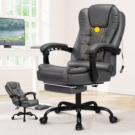 ELFORDSON Massage Office Chair with Footrest Executive Gaming Seat Leather Grey