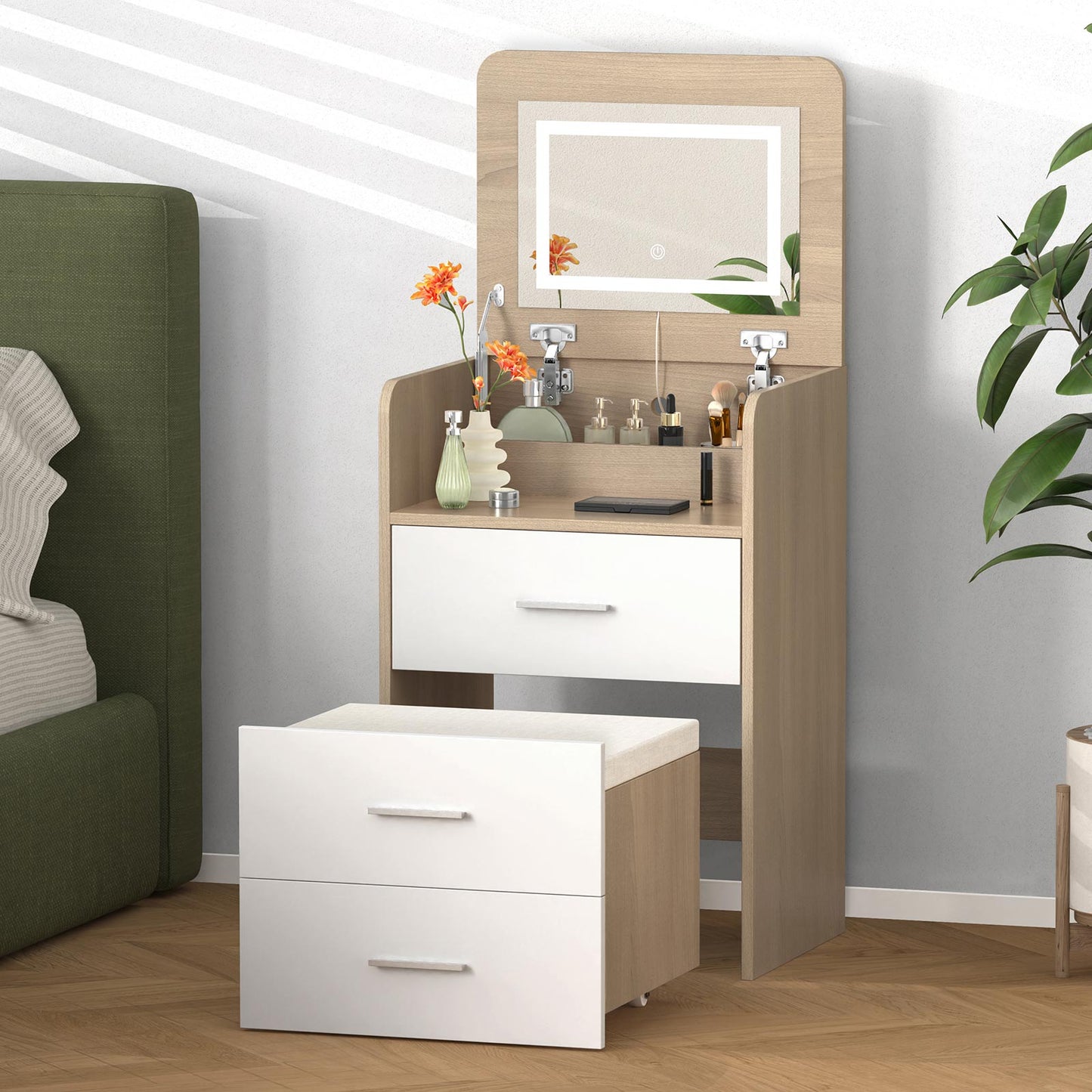 ALFORDSON 3 in 1 Dressing Table with Stool, Makeup Vanity Hinged Mirror, Foldable Top, Drawers Vanity Desk with LED Lighting, Small Dressing Table Set, Cosmetic Table for Bedroom,Wood Color