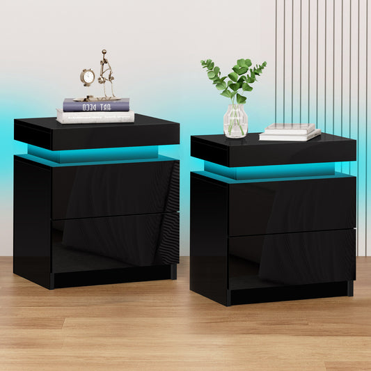 ELFORDSON Bedside Table 2 Drawer LED Storage Cabinet Chest High Gloss Nightstand