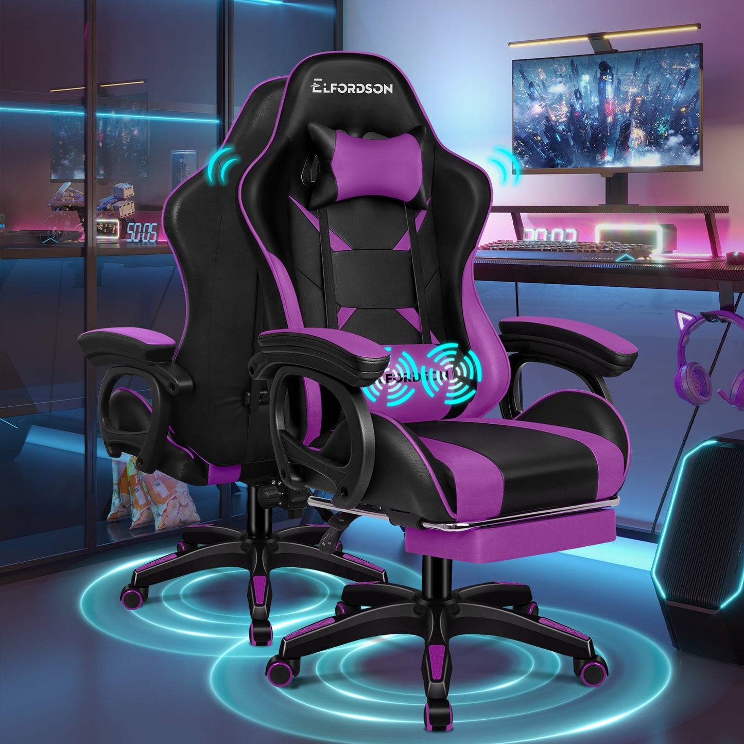 ELFORDSON Gaming Chair Lumbar Massage with Footrest, Purple