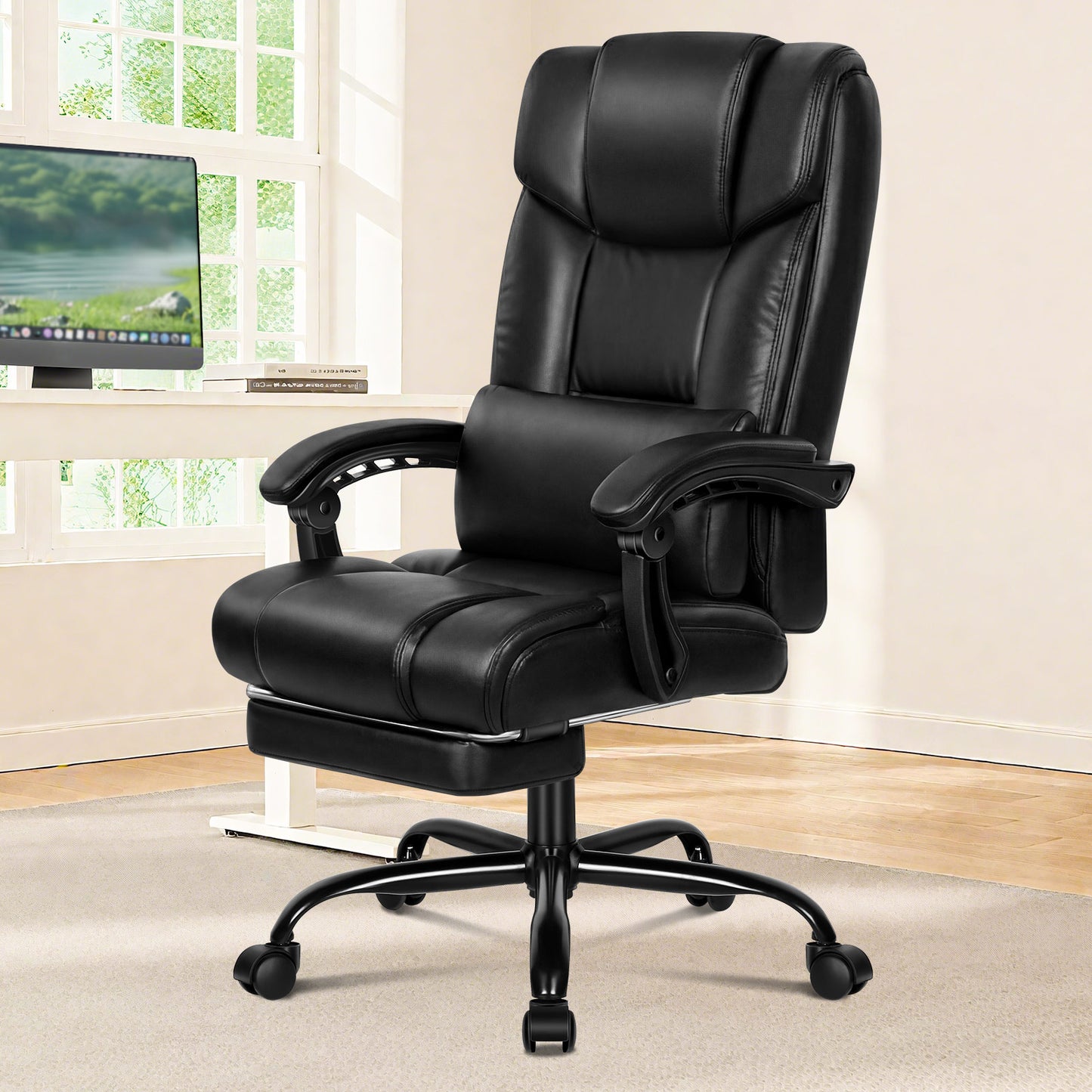 ELFORDSON Office Chair Executive Computer Gaming PU Leather Seat Recliner PU Leather Black