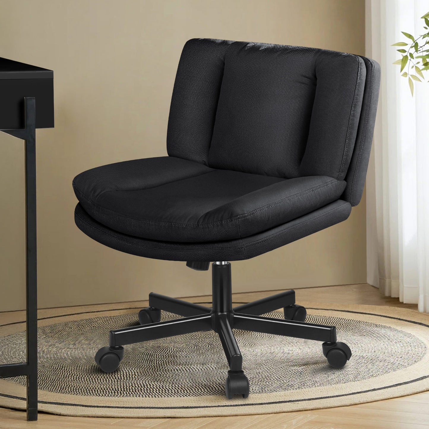 ELFORDSON Armless Office Desk Chair Mid Back Wide Seat Fabric Black