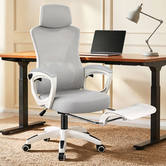 ELFORDSON Mesh Office Chair Racing Executive Fabric Seat Recliner Grey and White