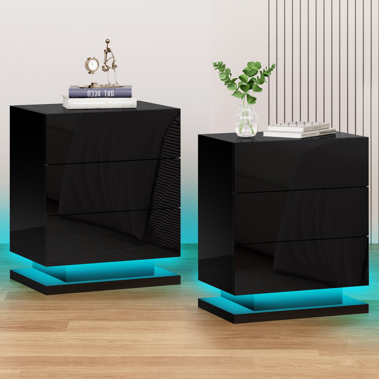 ELFORDSON Bedside Table 3 Drawer LED Nightstand Storage Cabinet High Gloss Black