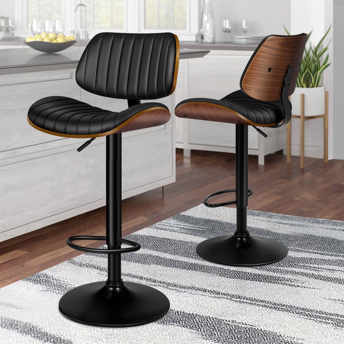 ALFORDSON 2x Bar Stool Kitchen Swivel Chair Wooden Leather Gas Lift Black