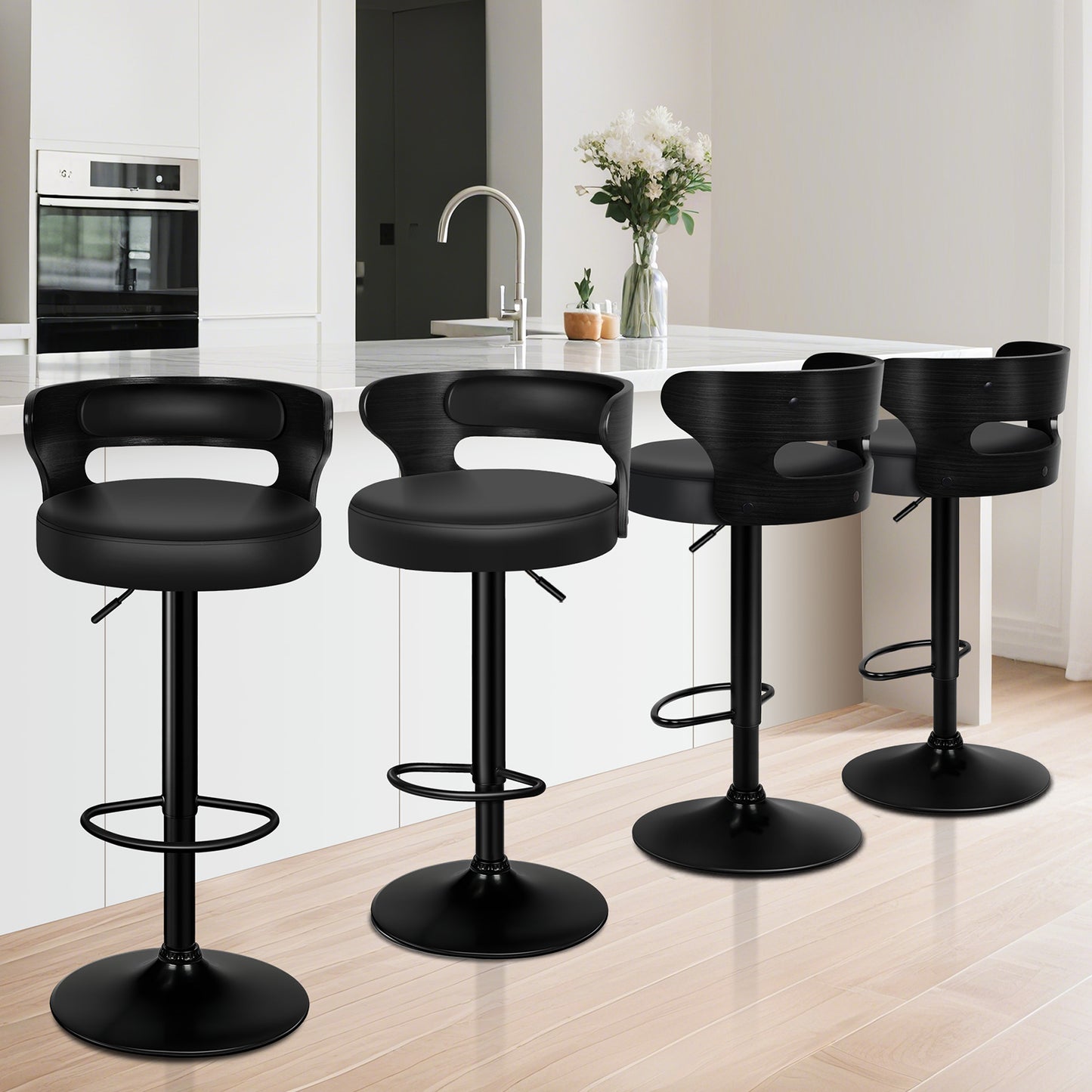 ALFORDSON 4x Bar Stool Kitchen Swivel Chair Wooden Leather Ramiro All Black