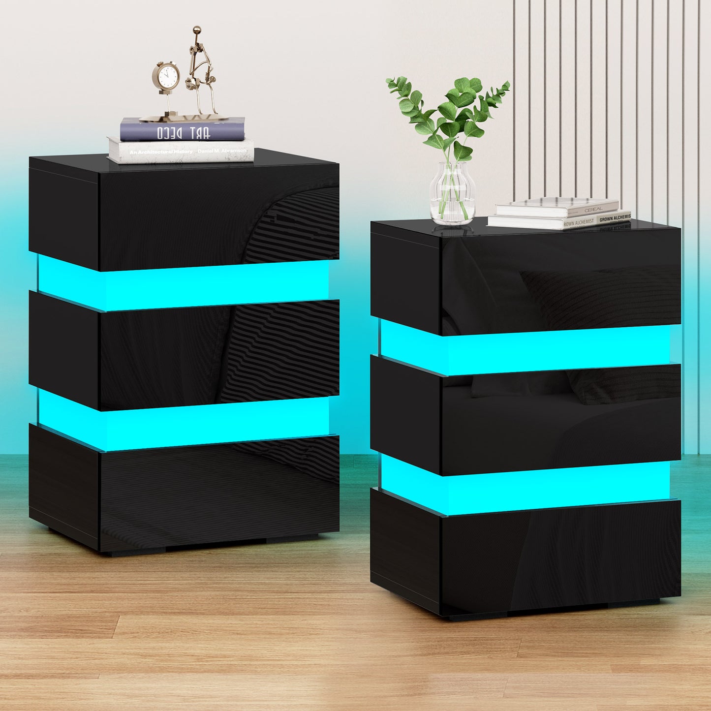 ELFORDSON Bedside Table 3 Drawer LED Nightstand Storage Cabinet High Gloss Black