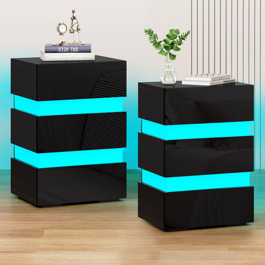ELFORDSON Bedside Table 3 Drawer LED Nightstand Storage Cabinet High Gloss Black