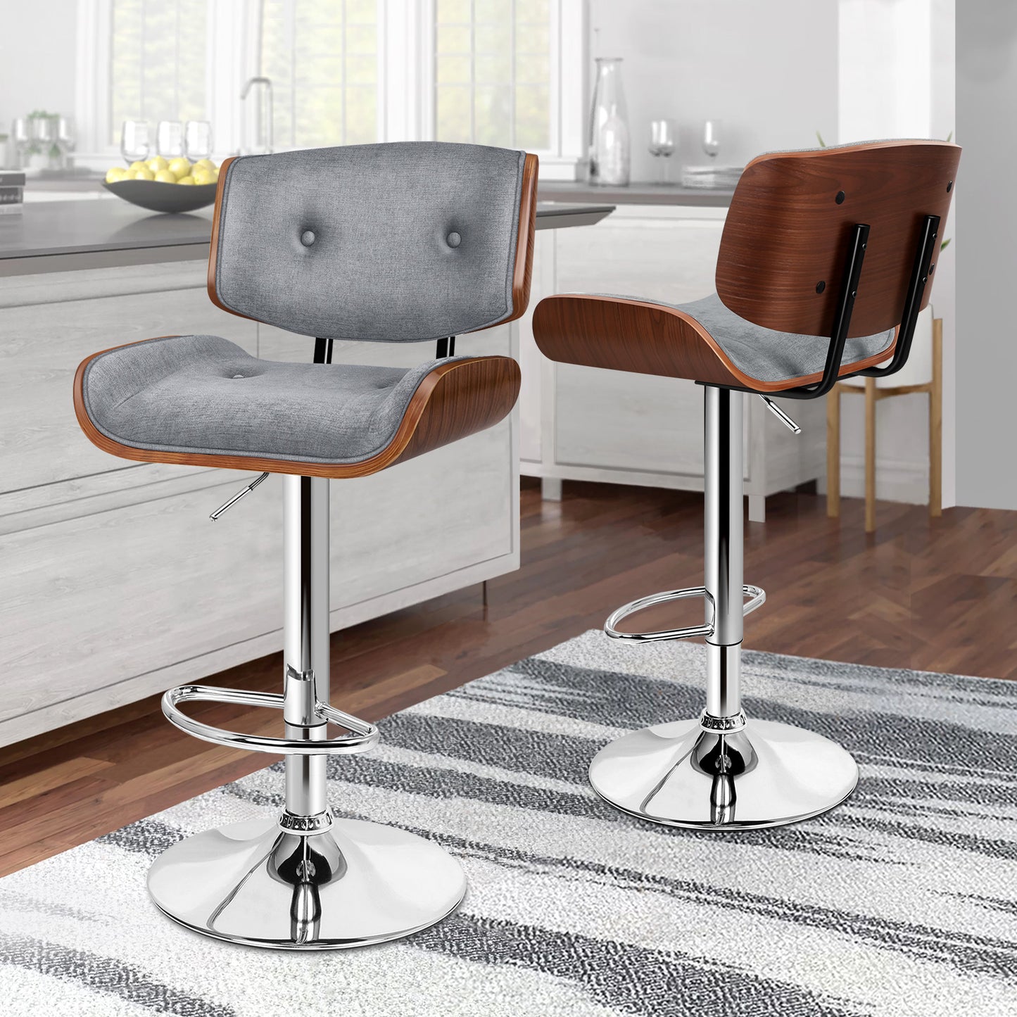ALFORDSON 2xBar Stools, Wooden, 360° Swivel Linen Fabric, Grey