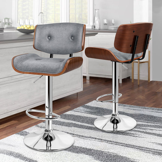 ALFORDSON 2xBar Stools, Wooden, 360° Swivel Linen Fabric, Grey