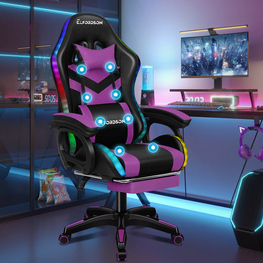 ELFORDSON Gaming Chair with RGB LED Light 8-Point Massage, Purple