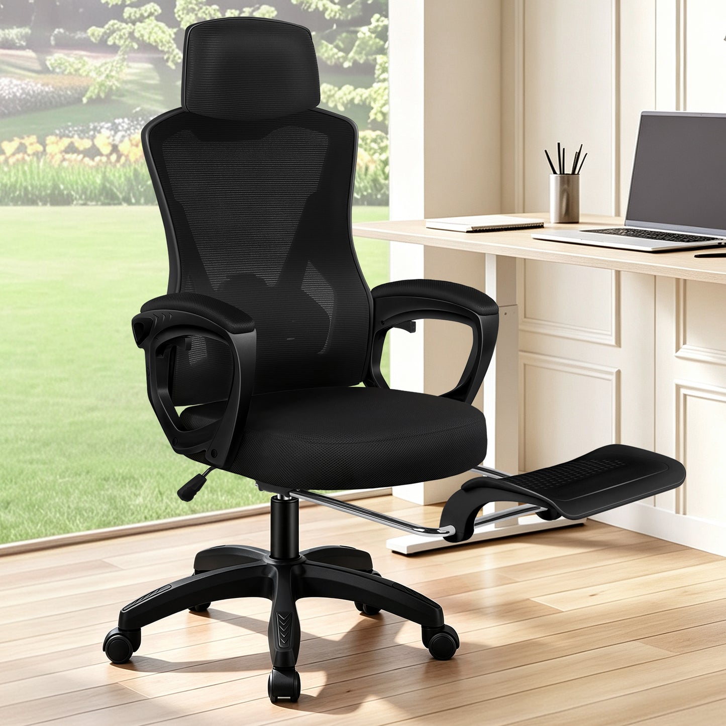 ELFORDSON Mesh Office Chair Racing Executive Fabric Seat Recliner All Black
