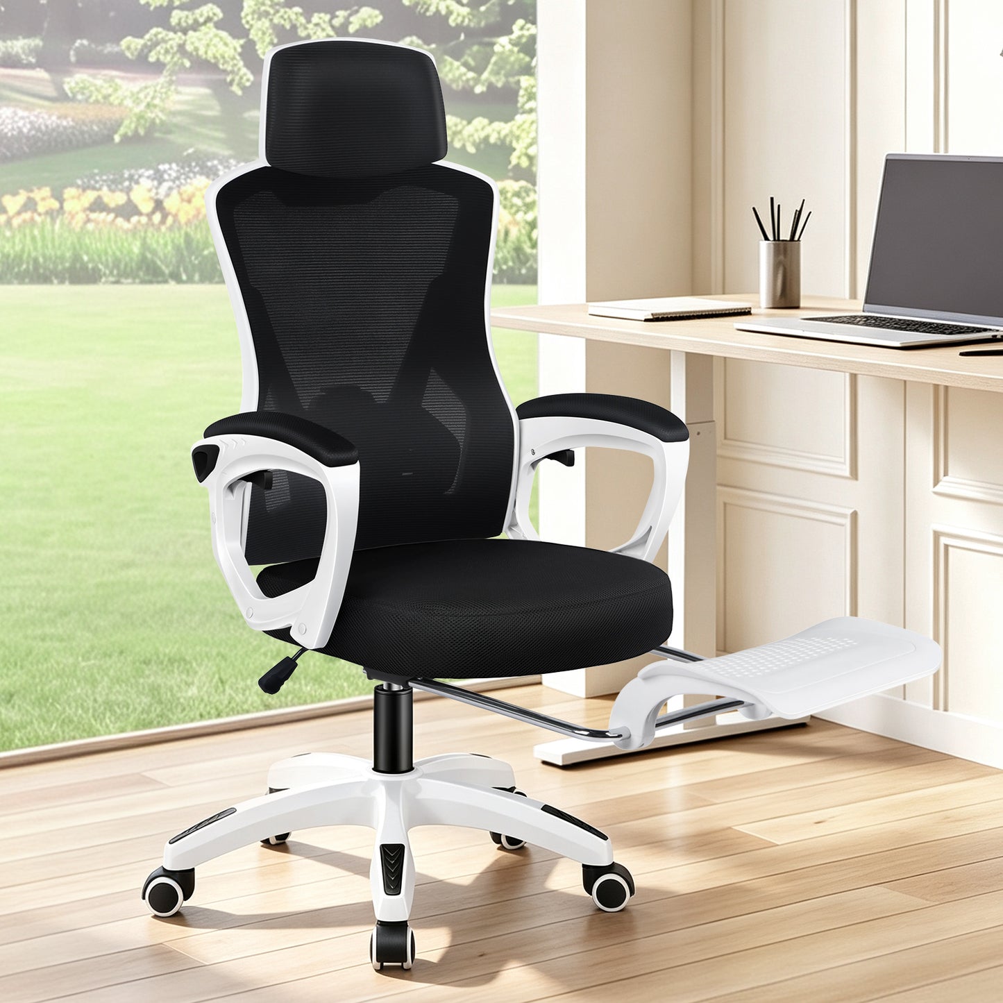ELFORDSON Mesh Office Chair Racing Executive Fabric Seat Recliner White and Black