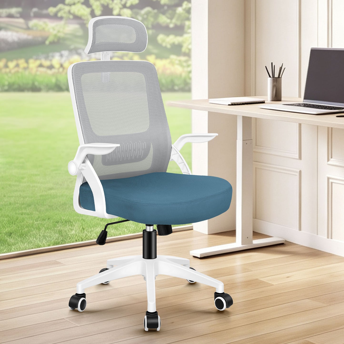 ELFORDSON Mesh Office Chair Executive Fabric Seat Tilt Computer Blue and Grey