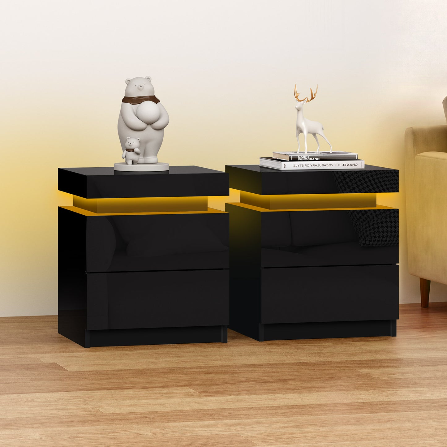 ELFORDSON Bedside Table 2 Drawer LED Storage Cabinet Chest High Gloss Nightstand