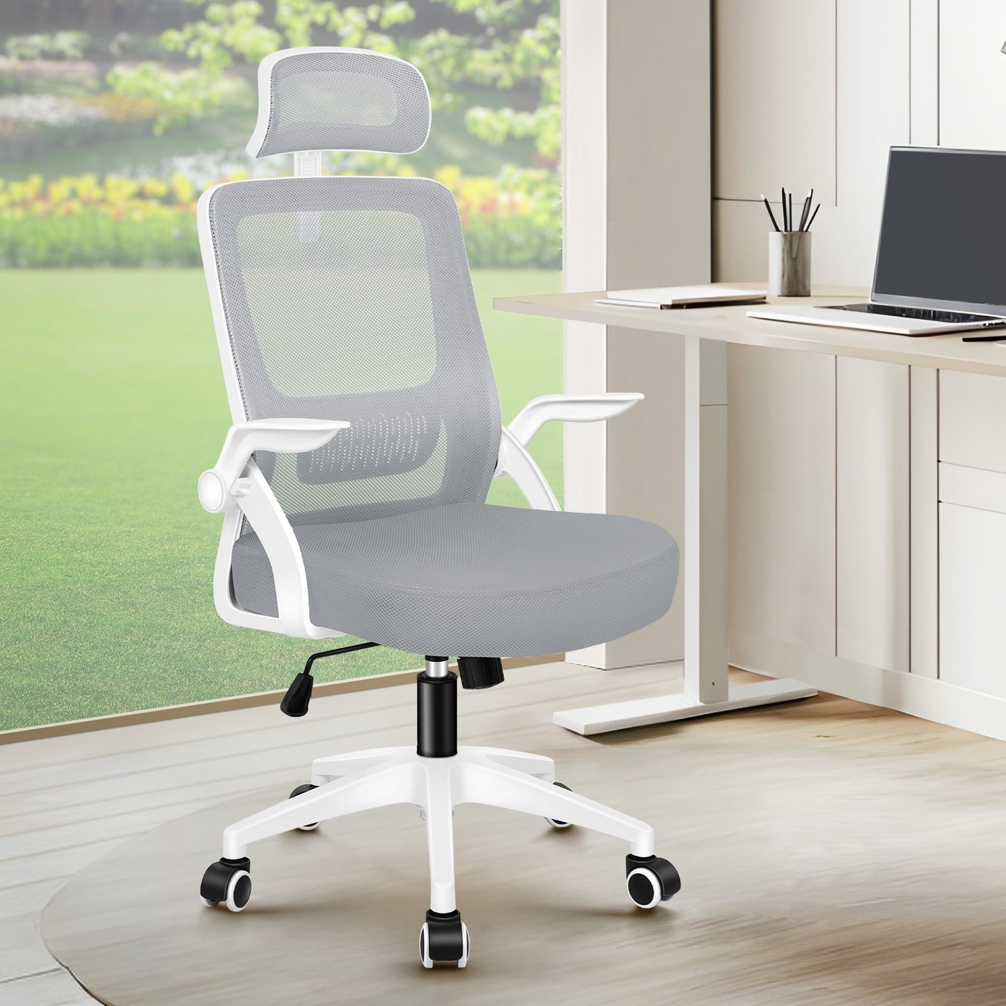 ELFORDSON Mesh Office Chair Seat Tilt Fabric Gaming Racing Computer Light Grey