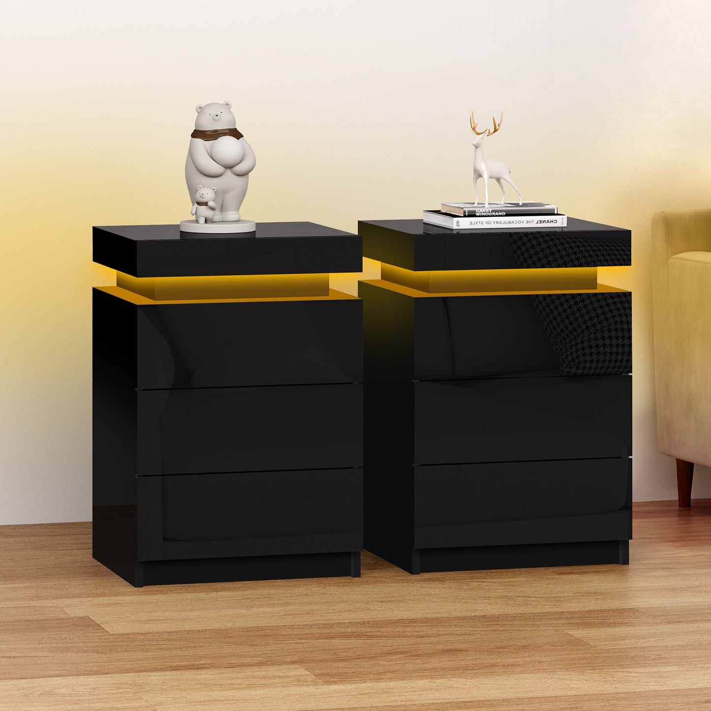 ELFORDSON Bedside Table 3 Drawer LED Storage Cabinet Chest High Gloss Nightstand