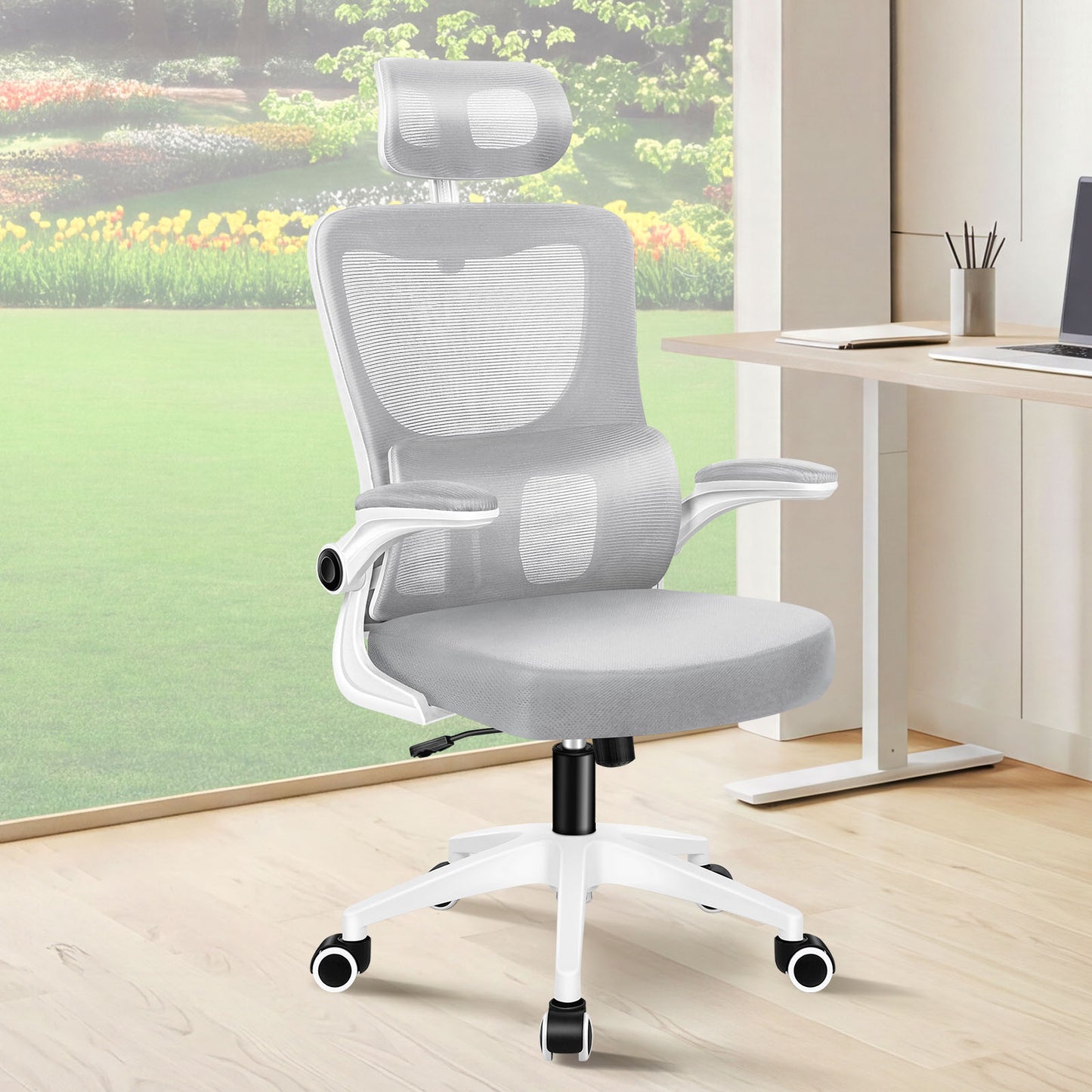 ELFORDSON Mesh Office Chair Executive Computer Fabric Tilt Grey and White