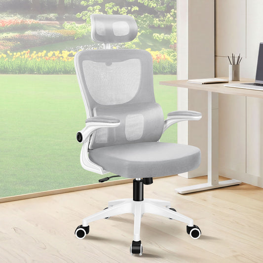 ELFORDSON Mesh Office Chair Executive Computer Fabric Tilt Grey and White