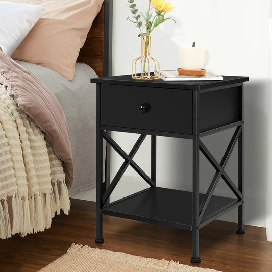ELFORDSON Bedside Table Retro Wooden Nightstand Storage Side Cabinet, Black