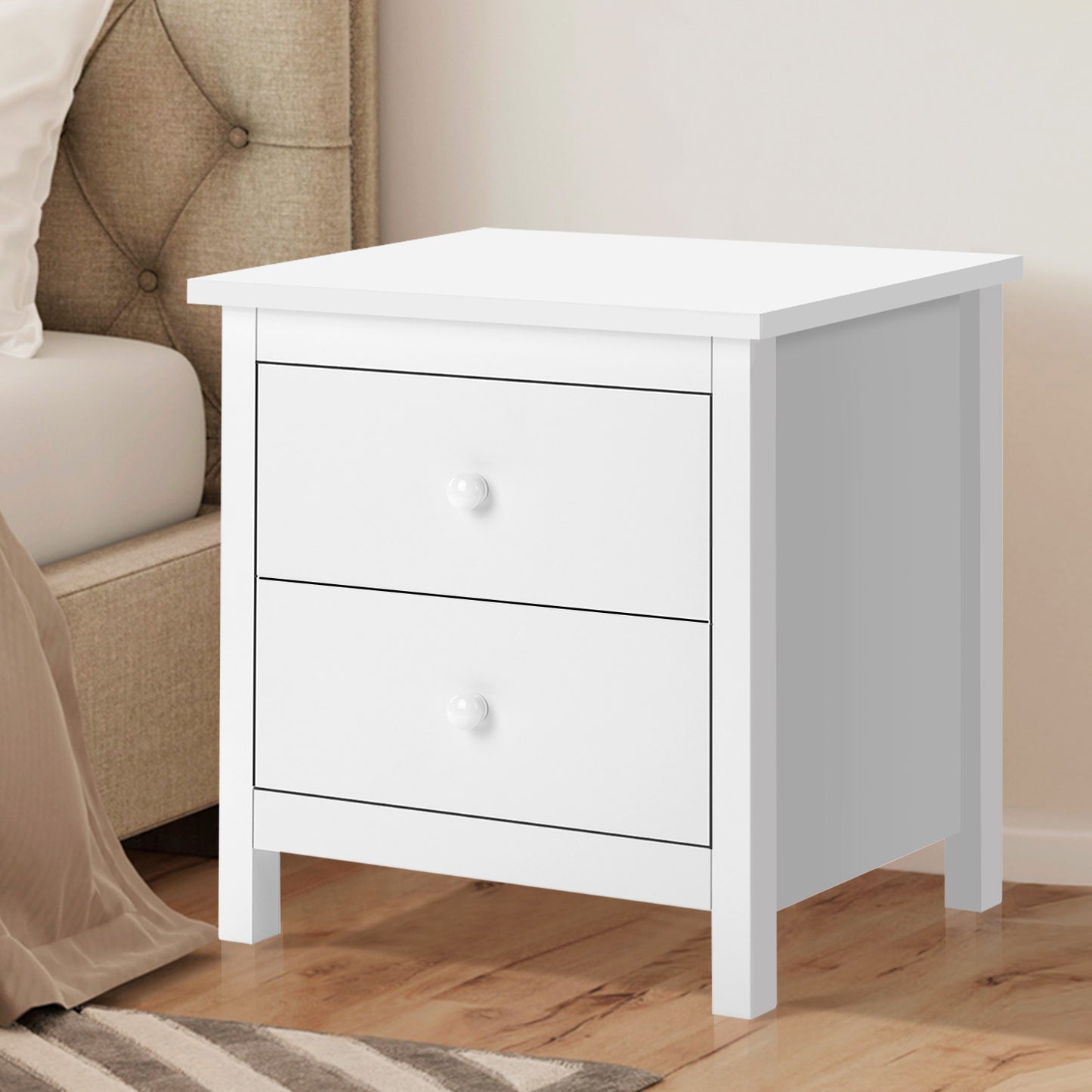 ELFORDSON Bedside Table Hamptons Nightstand Storage Side End 2 Drawers White