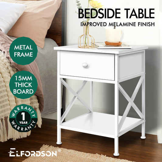 ELFORDSON Bedside Table Retro Wooden Nightstand Storage Side Cabinet, White