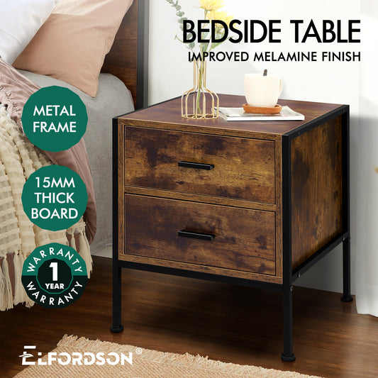 ELFORDSON Bedside Table Retro Wooden Nightstand Storage Side Cabinet, Rustic Brown