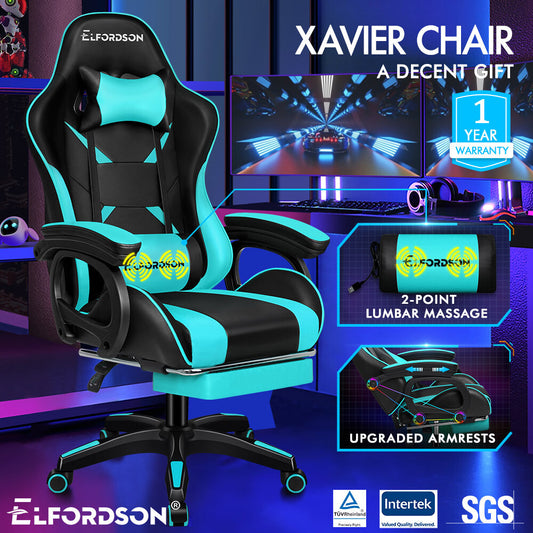ELFORDSON Gaming Chair Lumbar Massage with Footrest, Cyan & Black