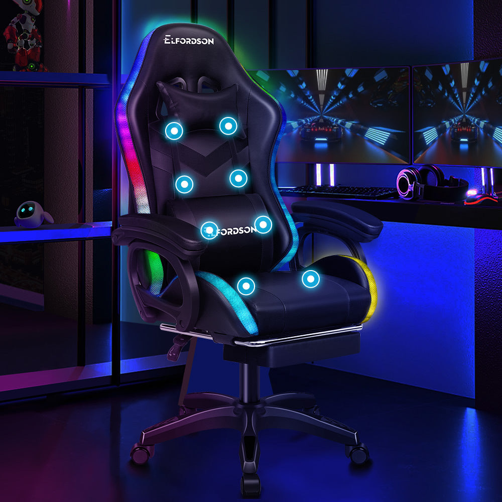 ELFORDSON Gaming Chair with RGB LED Light 8-Point Massage, Black