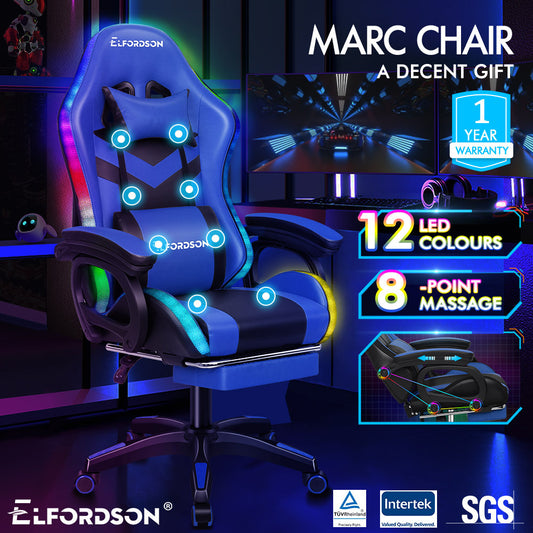 ELFORDSON Gaming Chair with RGB LED Light 8-Point Massage, Blue & Black