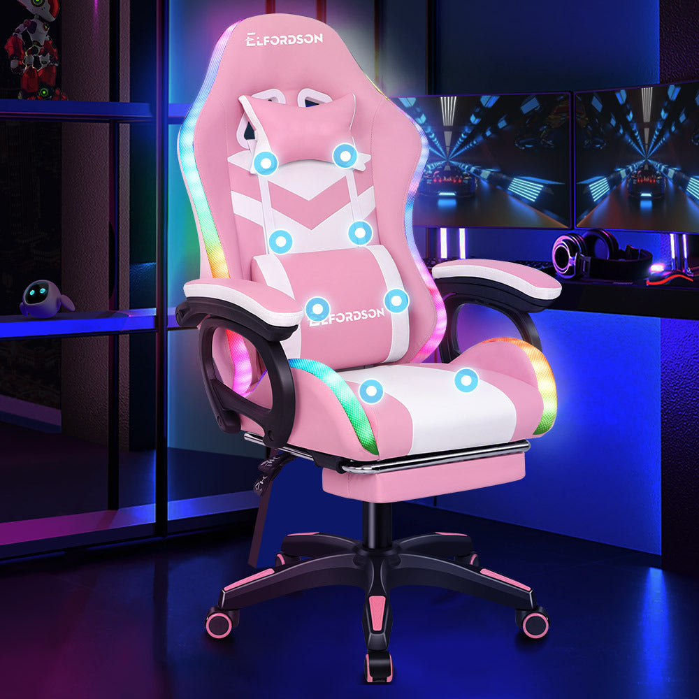 ELFORDSON Gaming Chair with RGB LED Light 8-Point Massage, Pink & White