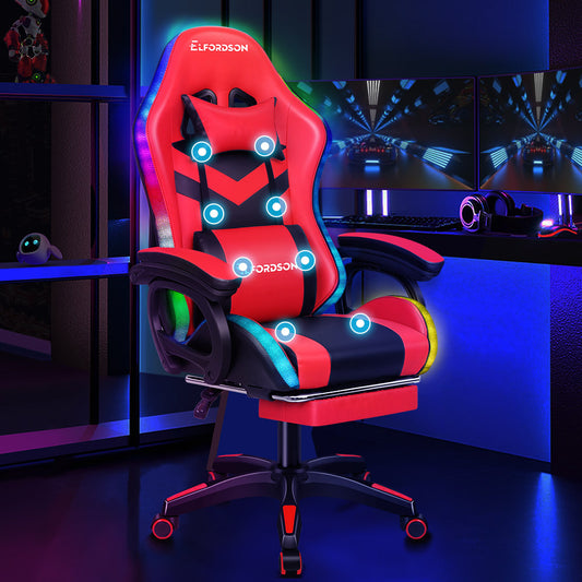 ELFORDSON Gaming Chair with RGB LED Light 8-Point Massage, Red & Black