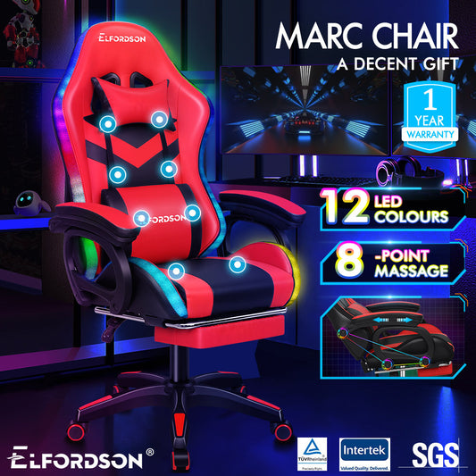 ELFORDSON Gaming Chair with RGB LED Light 8-Point Massage, Red & Black