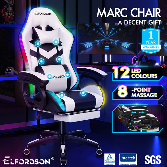 ELFORDSON Gaming Chair with RGB LED Light 8-Point Massage, White & Black