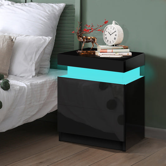 ELFORDSON Bedside Table RGB LED Nightstand 2 Drawers 4 Side High Gloss Black