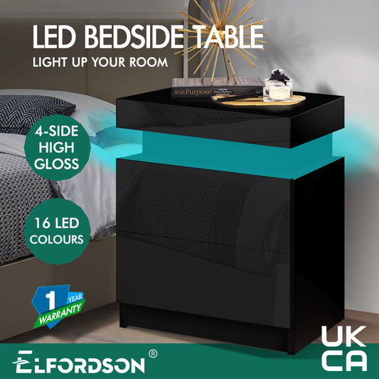 ELFORDSON Bedside Table RGB LED Nightstand 2 Drawers 4 Side High Gloss Black