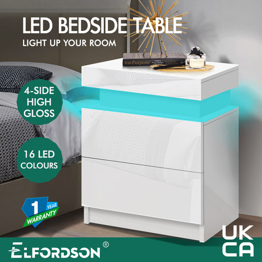 ELFORDSON Bedside Table RGB LED Nightstand 2 Drawers 4 Side High Gloss White