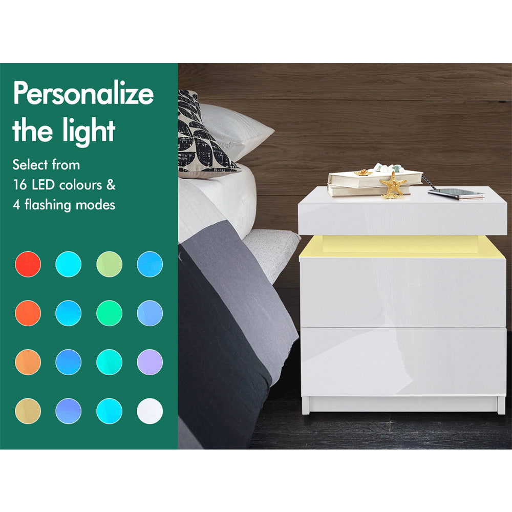 ELFORDSON Bedside Table RGB LED Nightstand 2 Drawers 4 Side High Gloss White